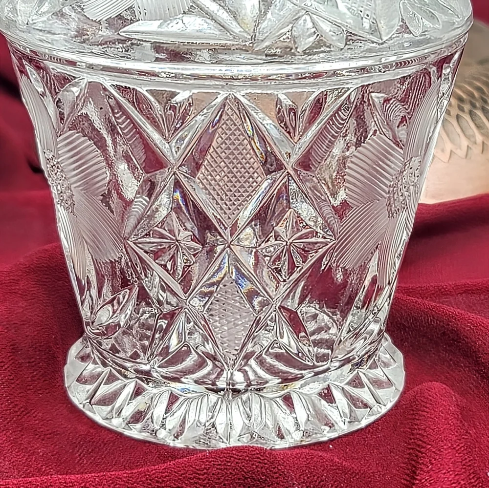 Pressed Crystal Creamer Sugar Bowl Lid Tray Floral Daisy Diamond Pattern Vintage